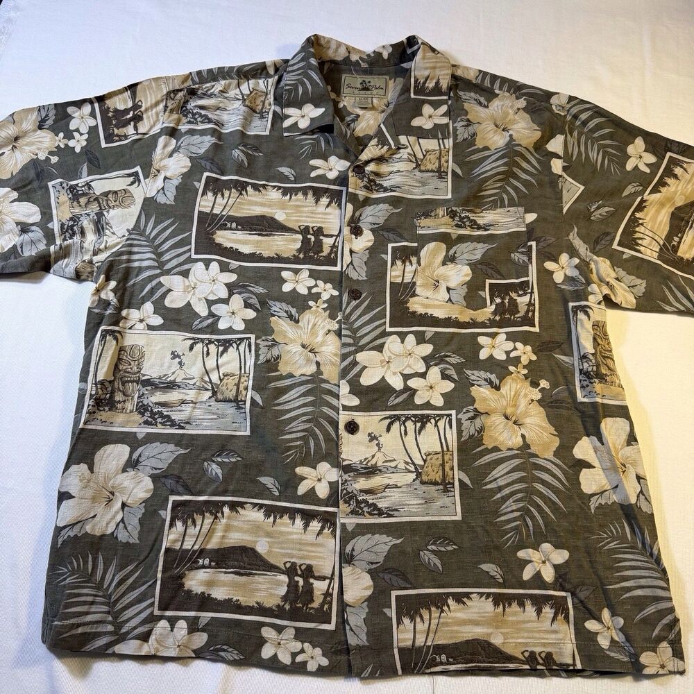 Seven Palm Aloha Hawaiian XL Green Shirt Tiki Hula Wahine Floral‎ Leaves